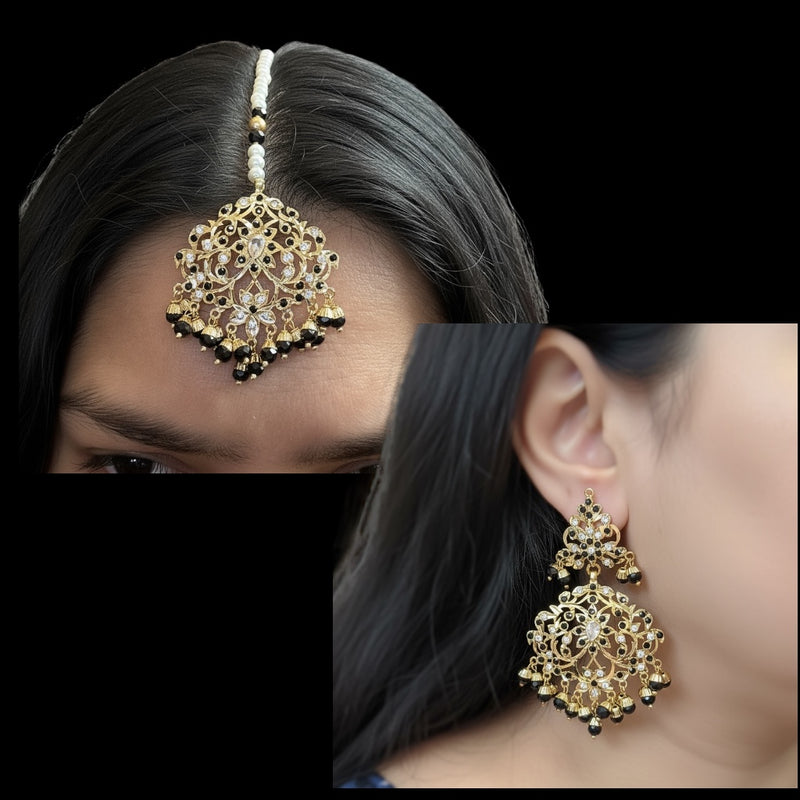 DJET100 Black & Zircon Gold-Plated Earrings with Tikka Set ( READY TO SHIP )