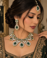 BR602 Mehar Traditional Green CZ Bridal Jewelry Set – Gold-Plated Necklace, Earrings, Tika & Ring ( READY TO SHIP )
