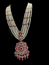 DLN137 MANDIRA Long CZ Pearl Mala with Ruby Beads | Necklace & Earrings Set ( READY TO SHIP )