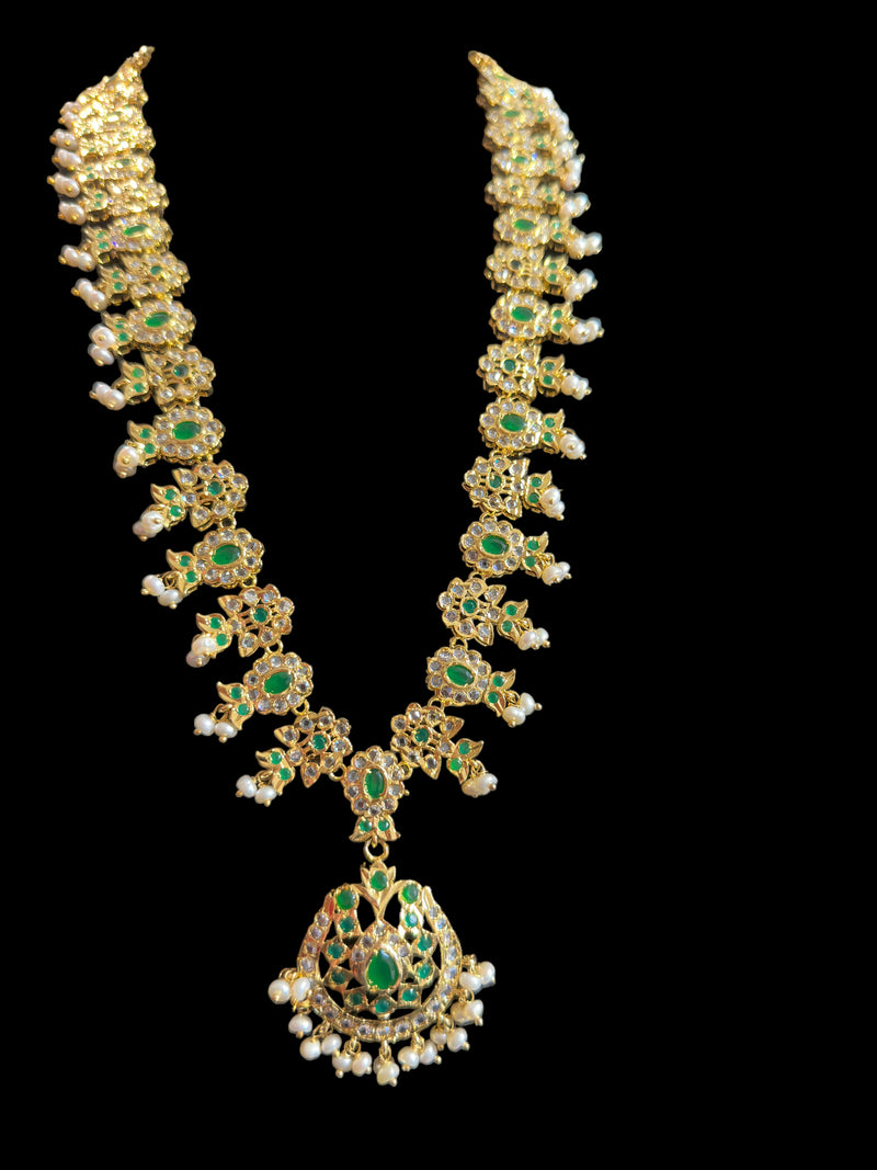 DLN73 Mallika hyderabadi Rani haar in green with fresh water pearls ( READY TO SHIP )