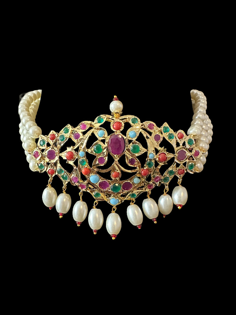 C533 Mushk choker with chandbali earrings in navratan ( READY TO SHIP )