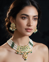 DNS505 Gold Plated Jadau Emerald Pearl Necklace Set with Earrings  ( READY TO SHIP )