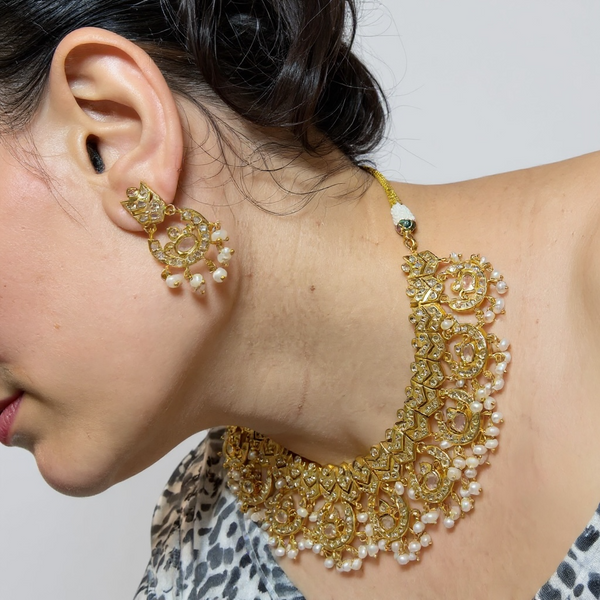 DNS216 Gold-Plated Necklace Set with Freshwater Pearls & CZ Polki | Intricate Bridal & Party Jewelry ( READY TO SHIP )
