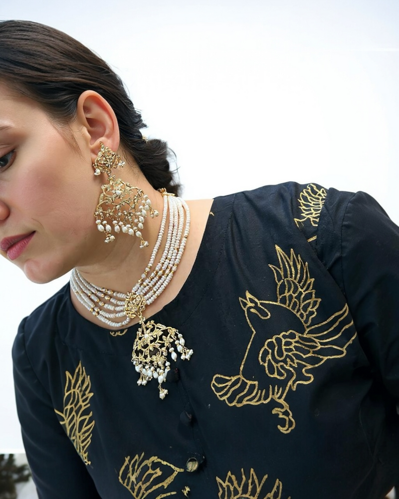SN22 Gold-Plated 92.5 silver Pearl Necklace with Edwardian Style Earrings