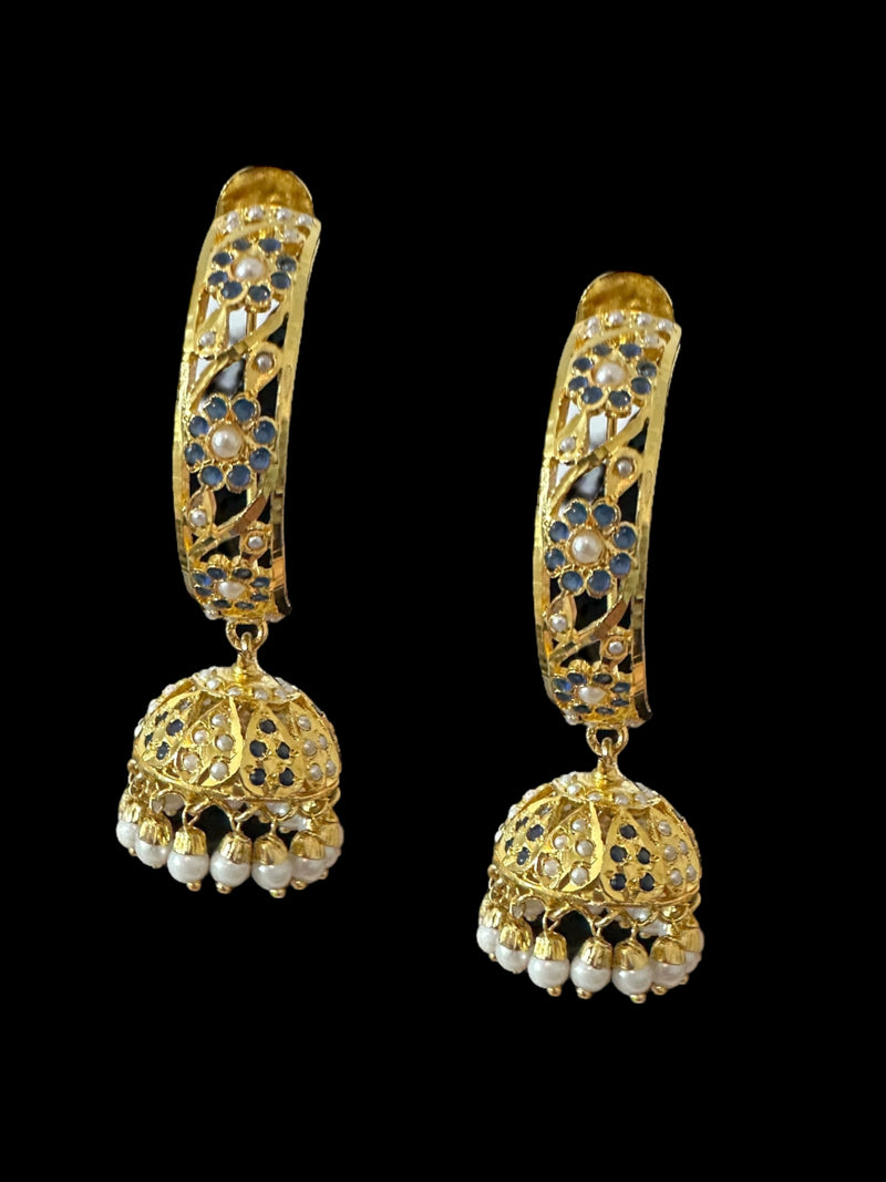 DER805 Jadau jhumka/hoop earrings in sapphire pearl combination ( READY TO SHIP )