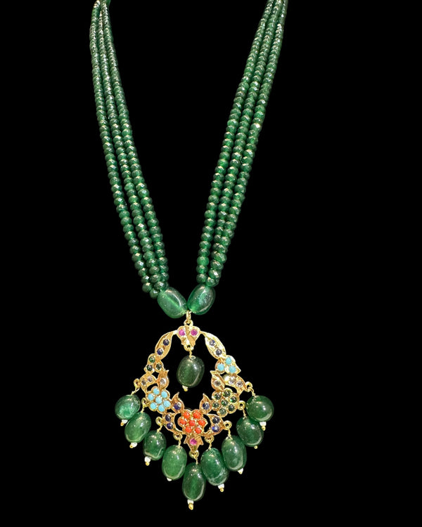 PS567 Navratan pendant set with green beads ( READY TO SHIP )