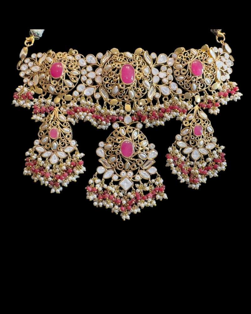 Bridal Choker Set in  Ruby & Shell Pearls | Gold-Plated | Earrings + Jhoomar + Tikka ( READY TO SHIP )