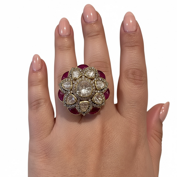 Ruby & Moissanite Polki Gold-Plated Silver Statement Ring ( READY TO SHIP )