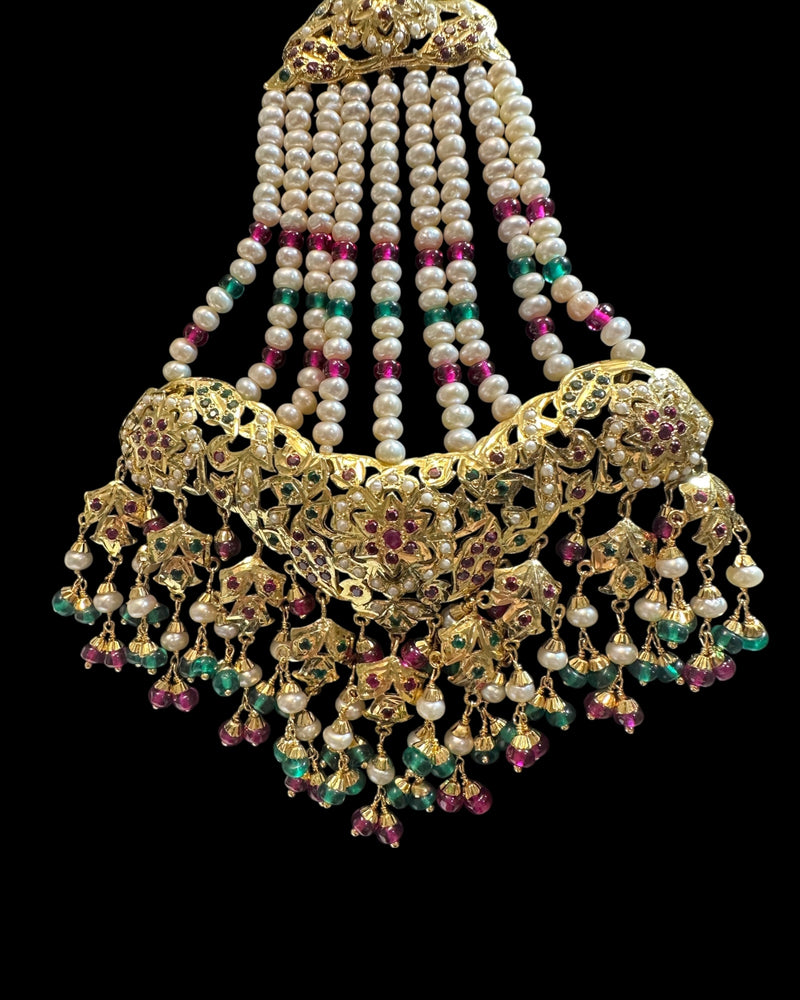 Jadau Jhoomar in Ruby, Emerald & Pearls – Gold Plated 92.5 Silver | Traditional Hyderabadi ( READY TO SHIP )