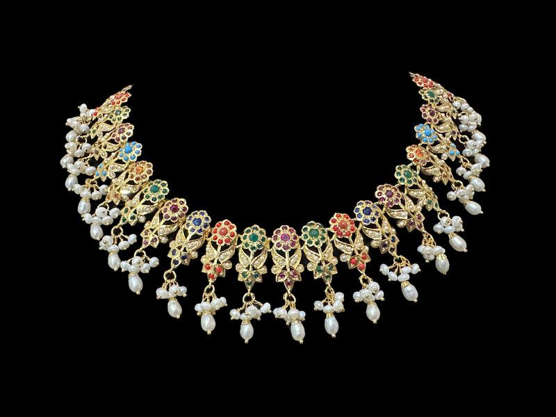 Navratan / Multicolored Jadau Necklace Set in Gold Plated Silver ( READY TO SHIP )