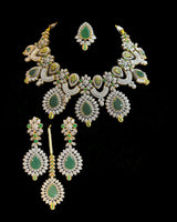 BR602 Mehar Traditional Green CZ Bridal Jewelry Set – Gold-Plated Necklace, Earrings, Tika & Ring ( READY TO SHIP )