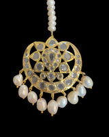 DJTK498 Traditional Hyderabadi Glass Polki Tika with Freshwater Pearls – Gold Plated ( READY TO SHIP )