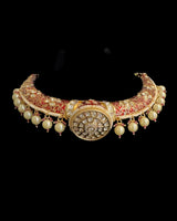 C606 Gold-Plated Meenakari Hasli Necklace Set with Polki Jhumka Earrings ( READY TO SHIP )