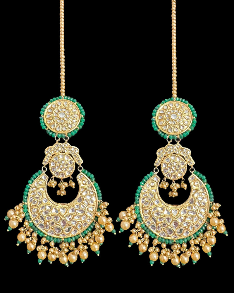 DER732  kundan dangler earrings with green beads( READY TO SHIP )