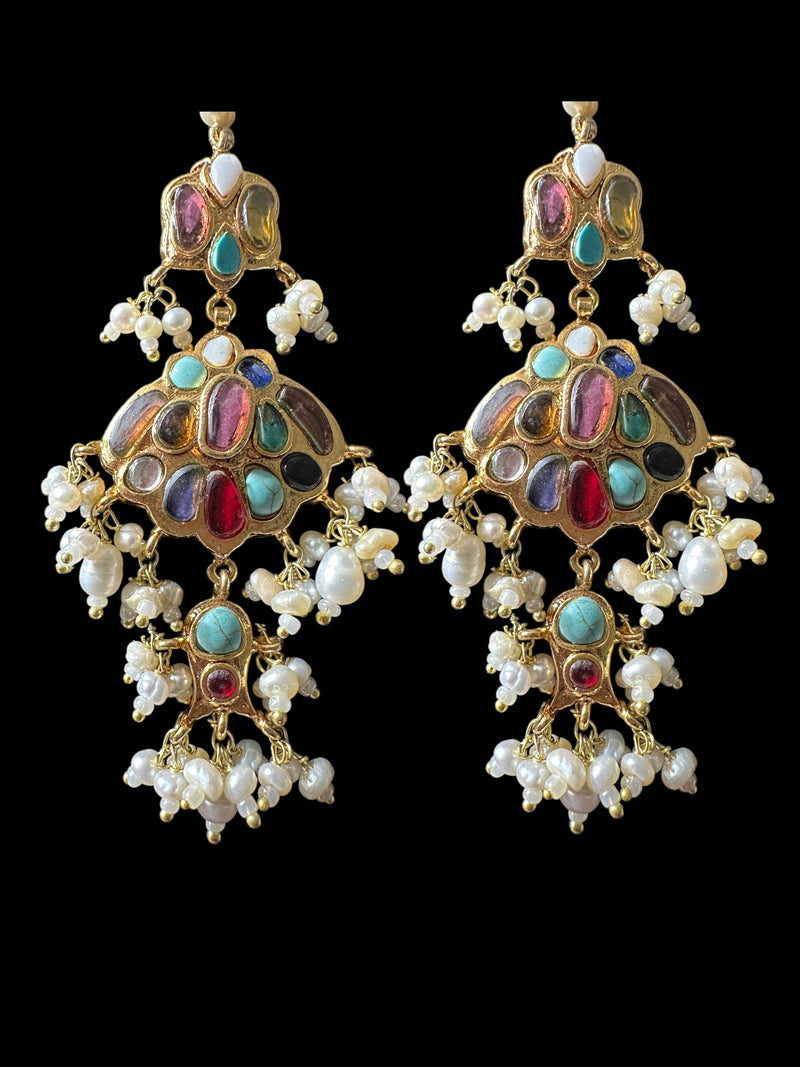 C547 Navratan bridal choker earrings set in fresh water pearls ( READY TO SHIP )