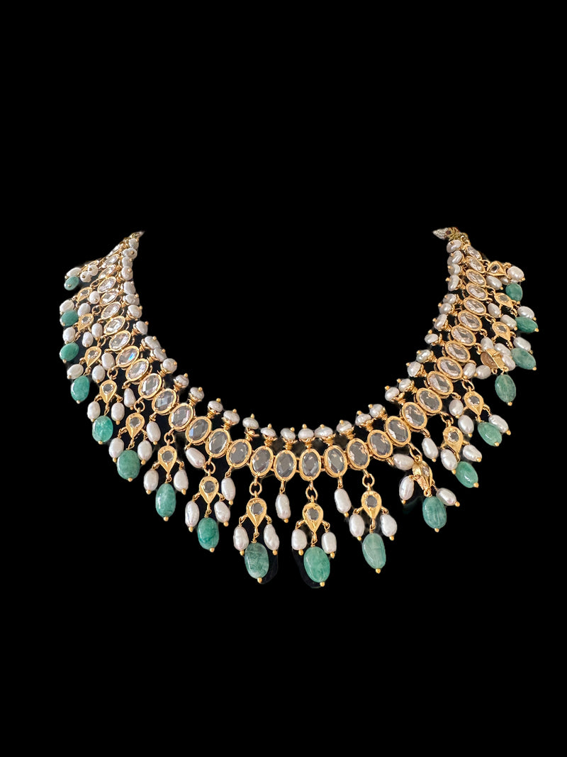 DNS110 Barfi necklace set in fresh water pearls and emerald beads ( READY TO SHIP )