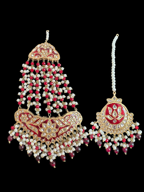 JTK37 kundan jhoomar tika in red meenakari  ( READY TO SHIP )