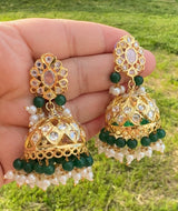 DER594 pearl and green beads hyderabadi jhumka ( READY TO SHIP )