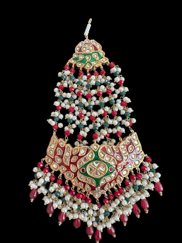 JTK36 kundan jhoomar tika in red and green meenakari  ( READY TO SHIP )