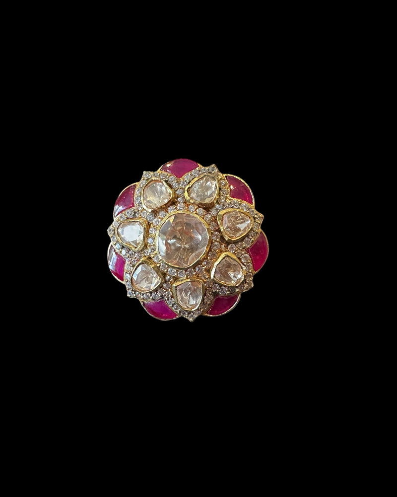 Ruby & Moissanite Polki Gold-Plated Silver Statement Ring ( READY TO SHIP )