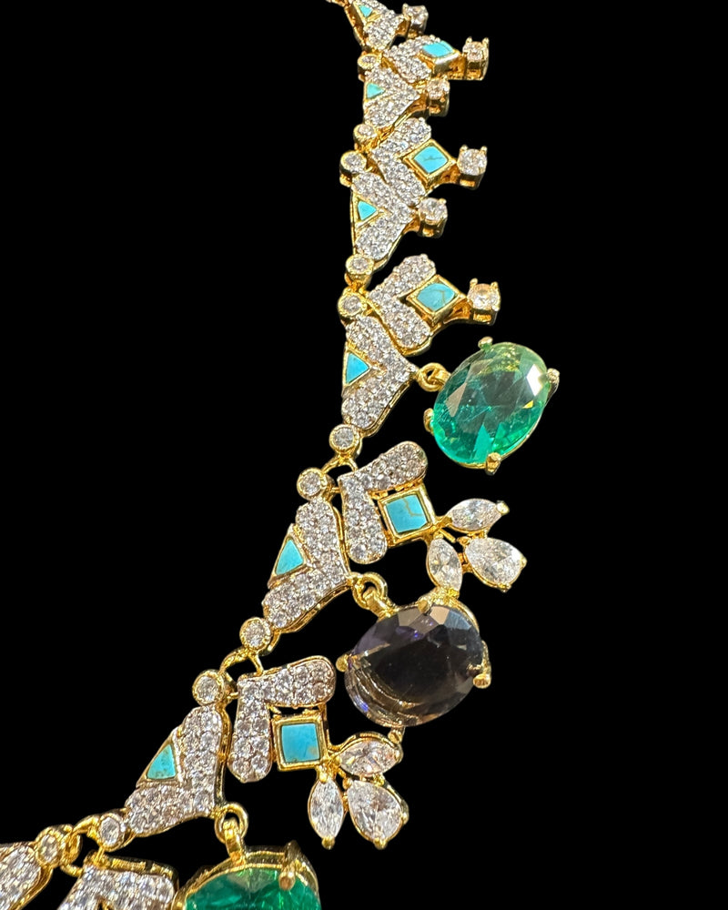 DNS212 Turquoise & CZ Necklace Set with Earrings – Gold Plated ( READY TO SHIP )