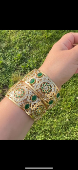 Broad Gold-Plated CZ Polki Kadhas – Green & Clear Combination ( READY TO SHIP )