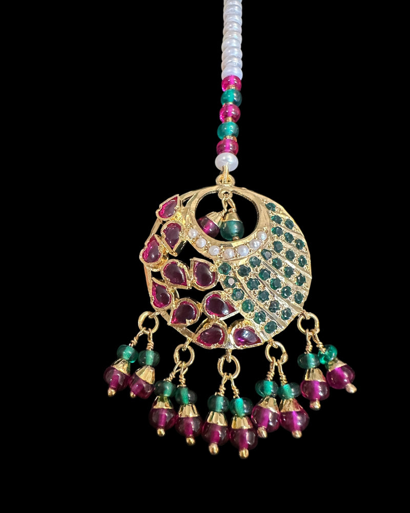 Gold Plated Silver Ruby Emerald Tika with Freshwater Pearls ( READY TO SHIP )