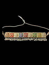 C536 Navratan bridal choker earrings and Tika set in fresh water pearls ( READY TO SHIP )