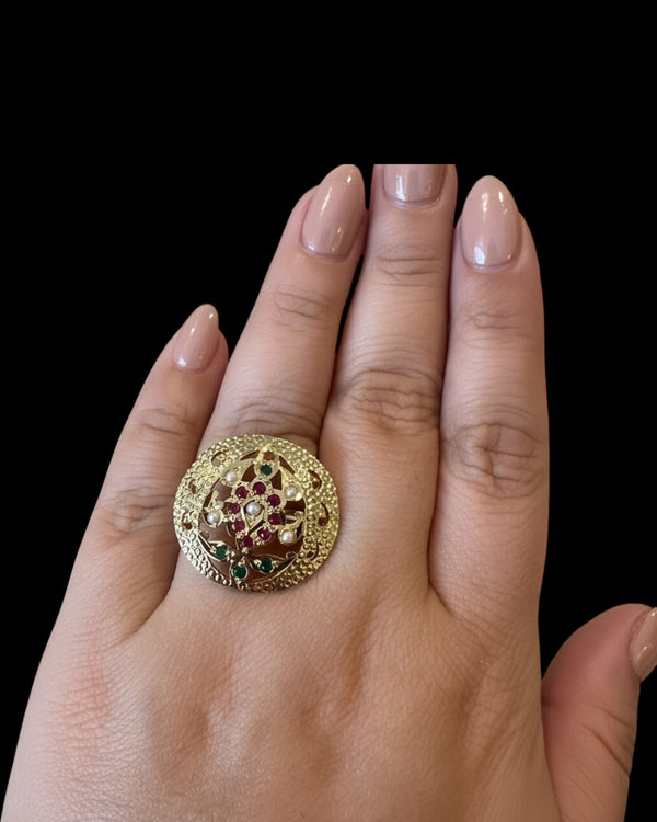 Ruby Emerald Freshwater Pearl Adjustable Ring – Gold-Plated 92.5 Silver ( READY TO SHIP )