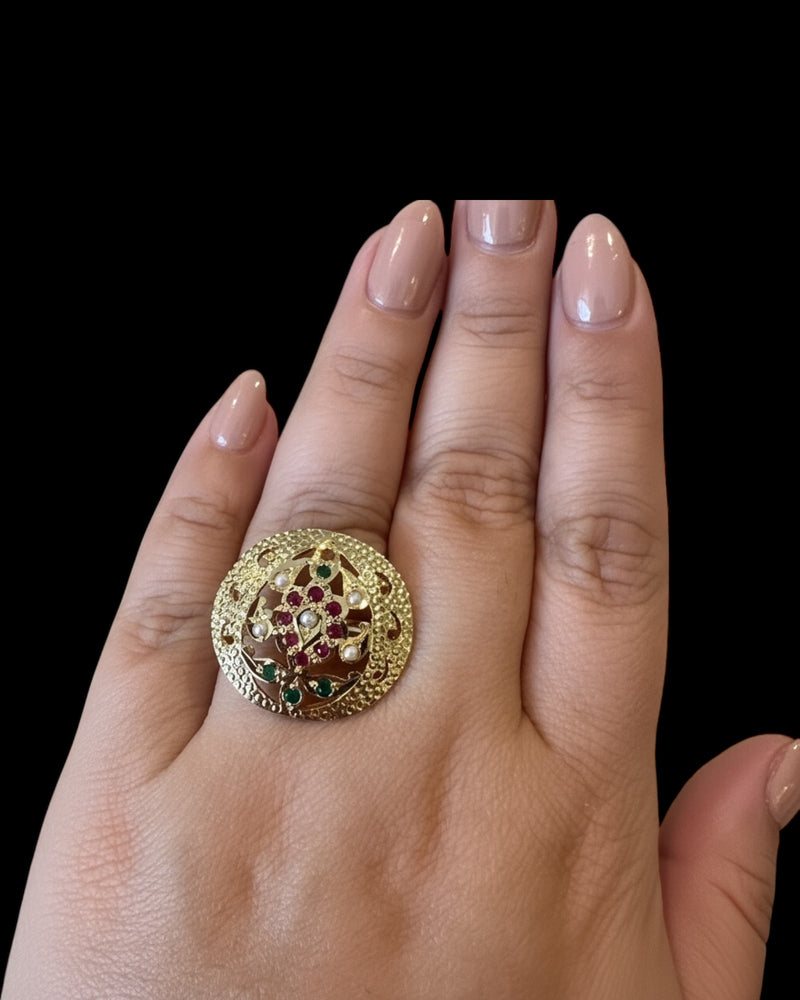 Ruby Emerald Freshwater Pearl Adjustable Ring – Gold-Plated 92.5 Silver ( READY TO SHIP )