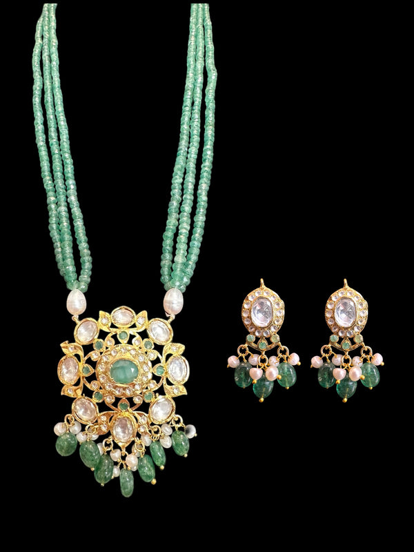 DLN133 Moissanite & Emerald beads Long Mala with Freshwater Pearls – Gold-Plated l Necklace Set ( SHIPS IN 4 WEEKS  )