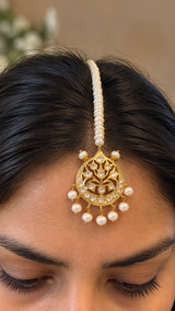 DJTK501 Traditional Hyderabadi Moissanite Polki Tika with Freshwater Pearls ( READY TO SHIP )