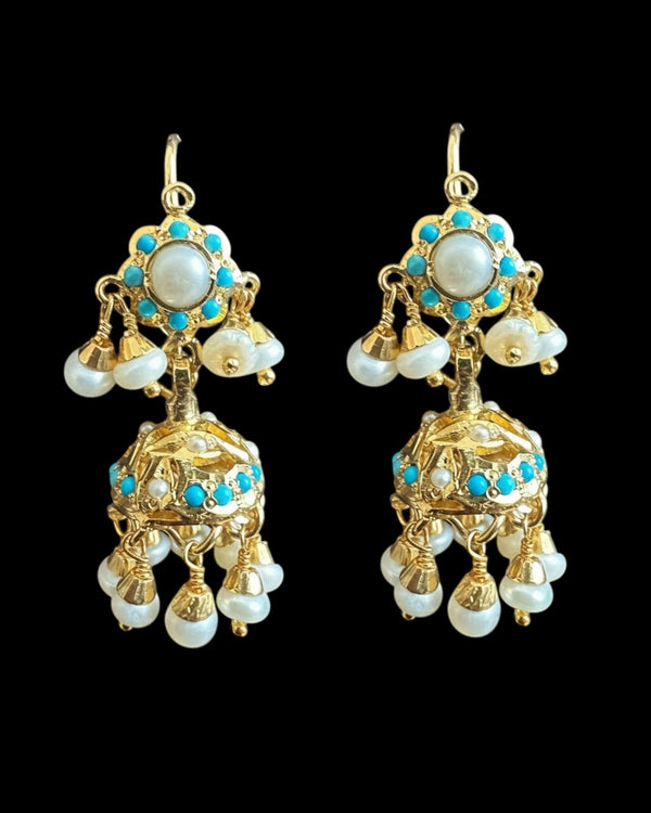 Gold-Plated Silver Turquoise & Freshwater Pearl Jhumka Earrings ( READY TO SHIP )
