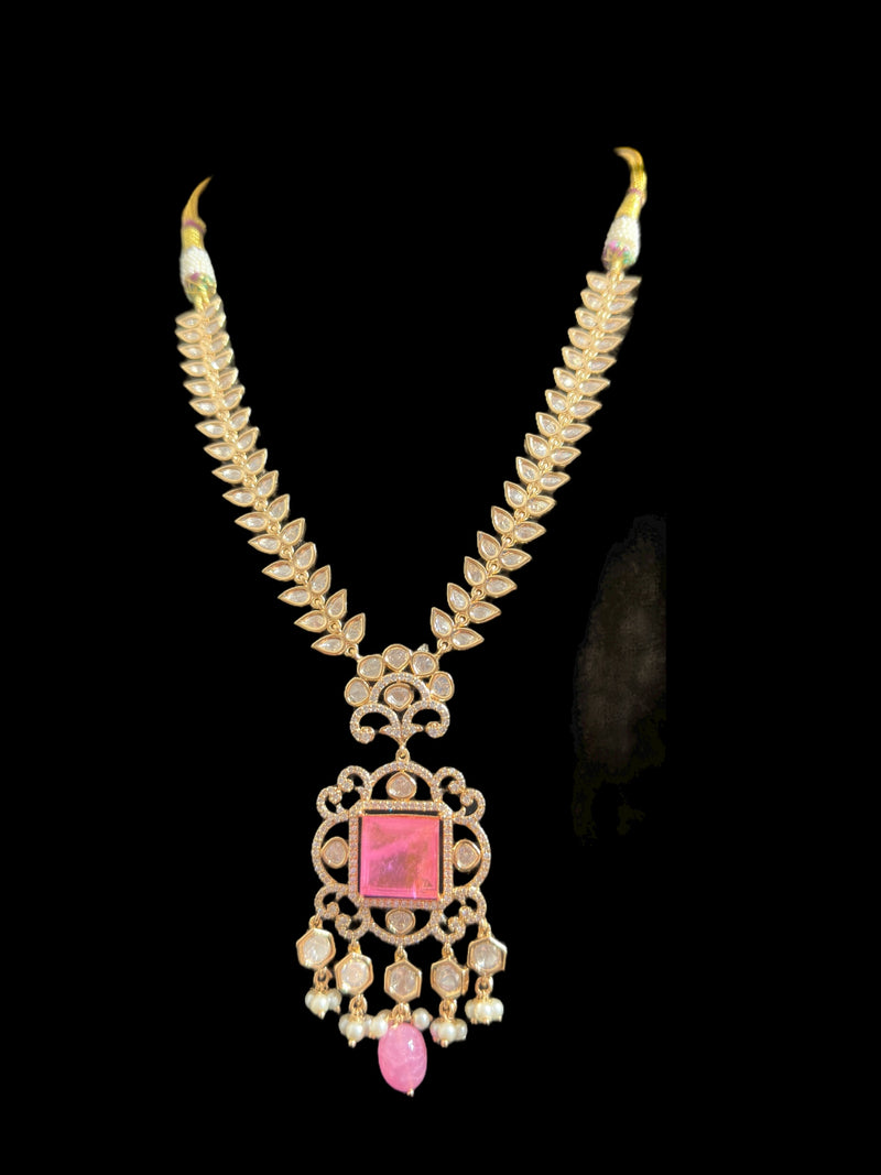 DNS173  Polki necklace set with pearls - PINK ( READY TO SHIP )