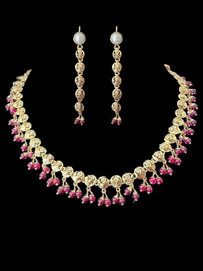 Pearl ruby gold plated silver necklace earrings ( READY TO SHIP )