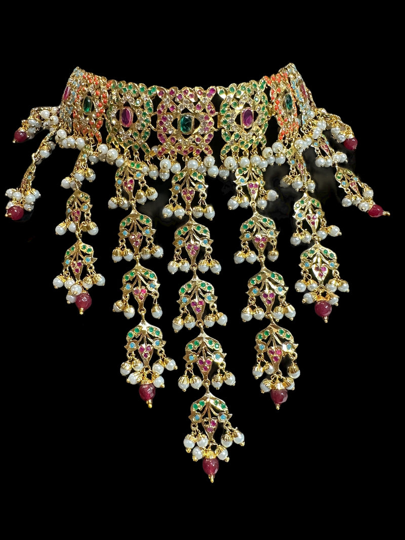 Navratan Dangler Choker Set with Earrings & Tika – Gold-Plated Elegance