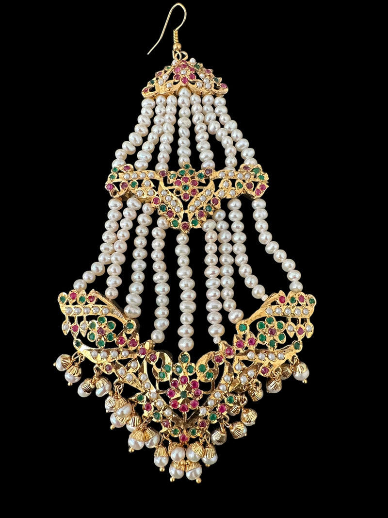 DJHR132 ASMITA jadau jhoomar in ruby emerald with fresh water pearls ( READY TO SHIP )