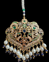 DNS210 Neeli Handcrafted Blue-Green Jadau Necklace Set with Shell Pearls, CZ Stones, Earrings & Tika ( READY TO SHIP )