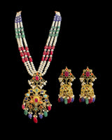 Navratan Gold-Plated Pendant with Jhumka Earrings Set | Freshwater Pearls | Ruby, Emerald & Sapphire Beads ( READY TO SHIP )