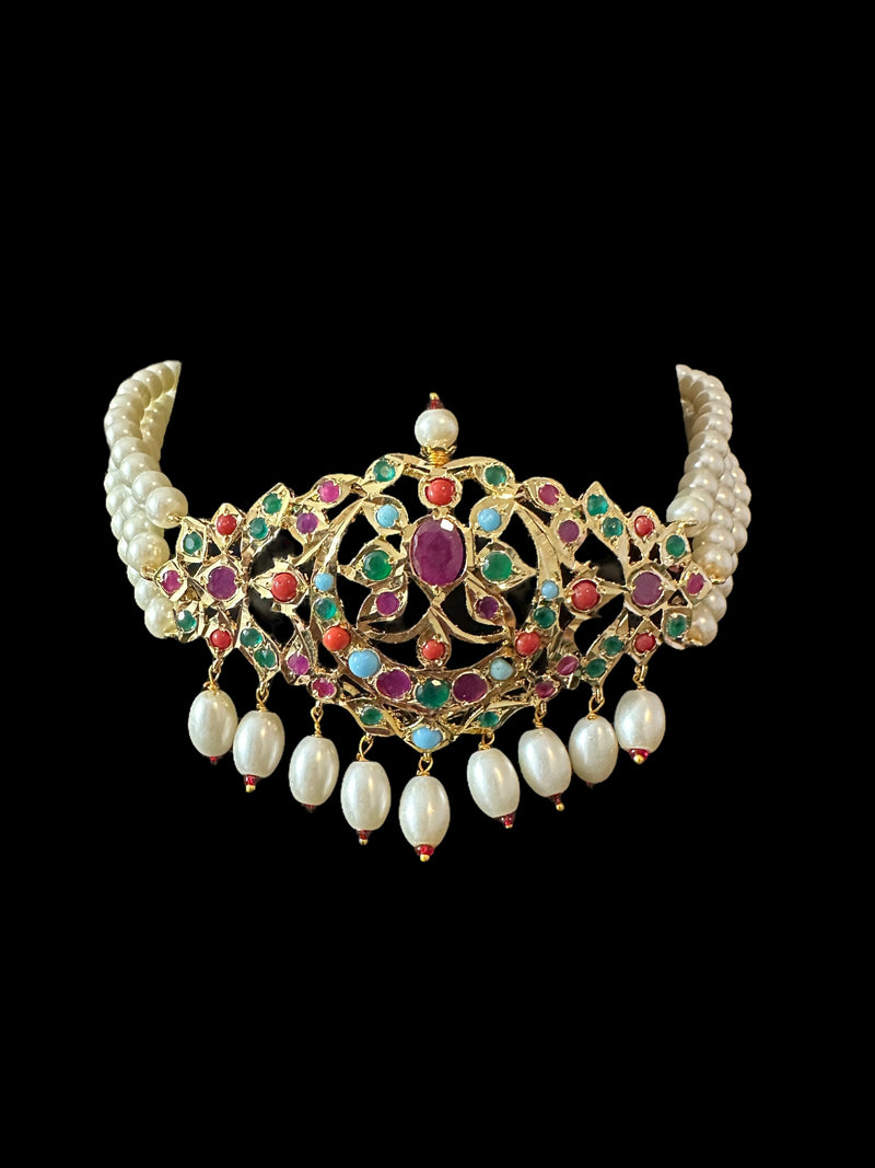 C533 Mushk choker with chandbali earrings in navratan ( READY TO SHIP )