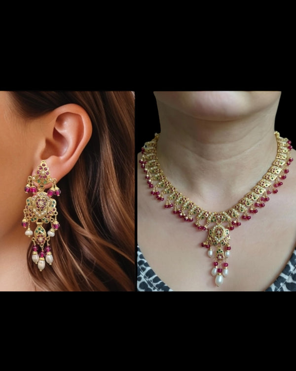 Delicate Ruby emerlad necklace set in-gold plated silver ( READY TO SHIP )