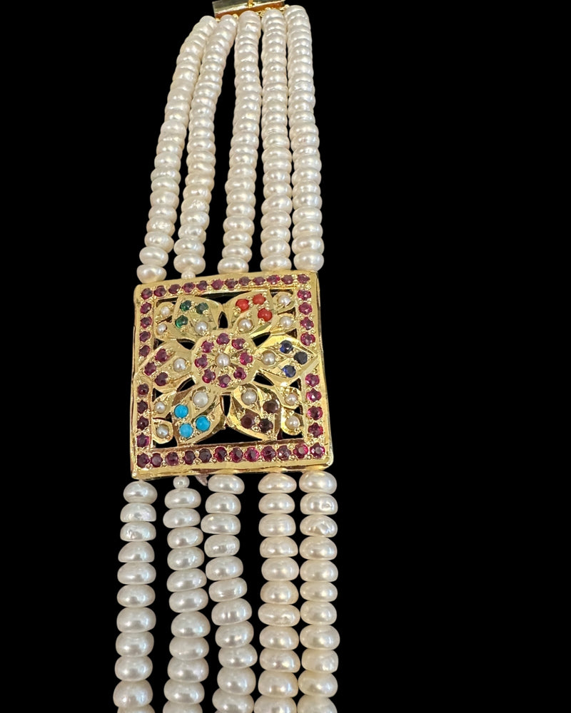 Gold Plated Silver Navratan Bracelet with Freshwater Pearls ( READY TO SHIP )