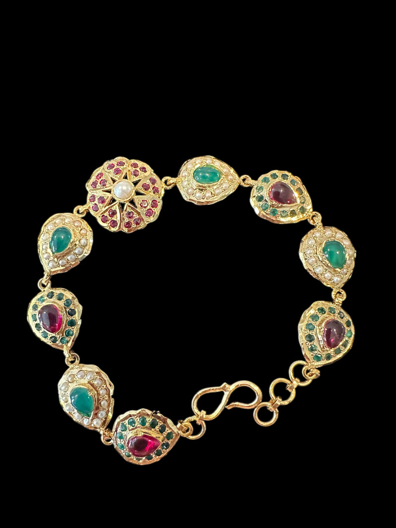 Ruby, Emerald & Pearl Gold-Plated Silver Bracelet – 92.5 Silver ( READY TO SHIP )