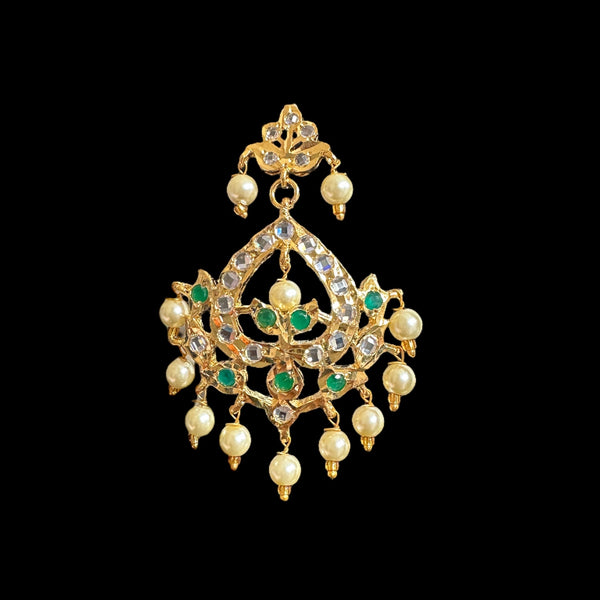 DER562 Dina hyderabadi emerald Chandbali with golden pearls ( READY TO SHIP  )