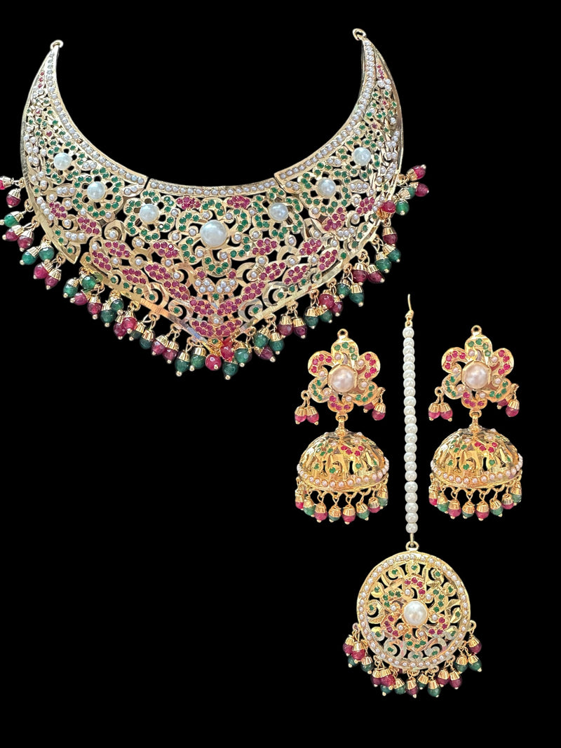 BR501 Ruby emerald bridal necklace with earrings tika ( READY TO SHIP)