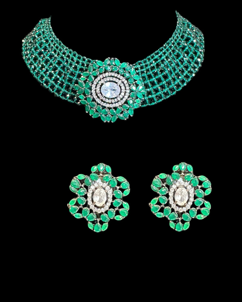 Arushi necklace set  - Green   ( READY TO SHIP)