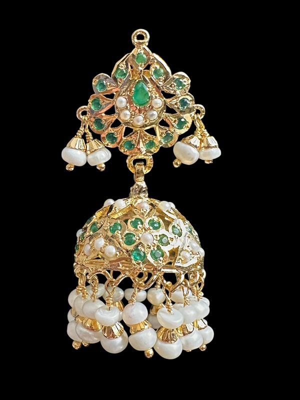 MISHAL gold plated silver jhumka - emeralds & pearls ( READY TO SHIP )