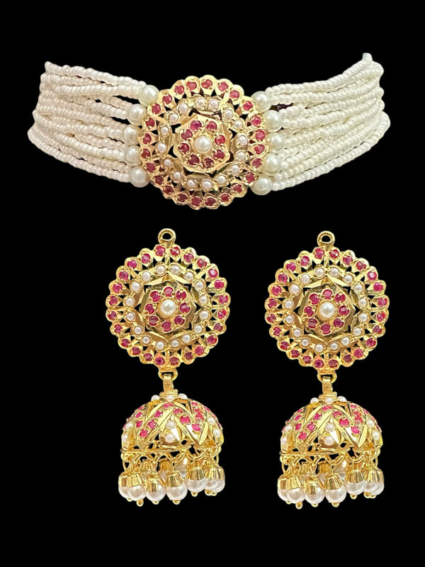 C513 Gold plated choker set  with jhumka - Ruby ( READY TO SHIP)