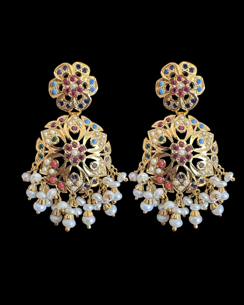 Gold plated silver earrings in navratan ( READY TO SHIP )