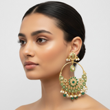 Oversized Jadau Chandbali Earrings in Emerald & Pearl ( READY TO SHIP )